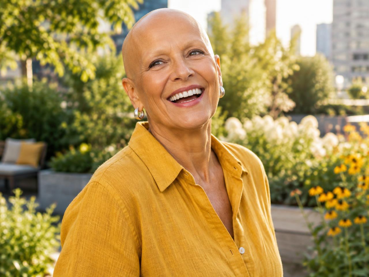 A smiling woman in her sixties with a bald head, laughing in a sunny city garden